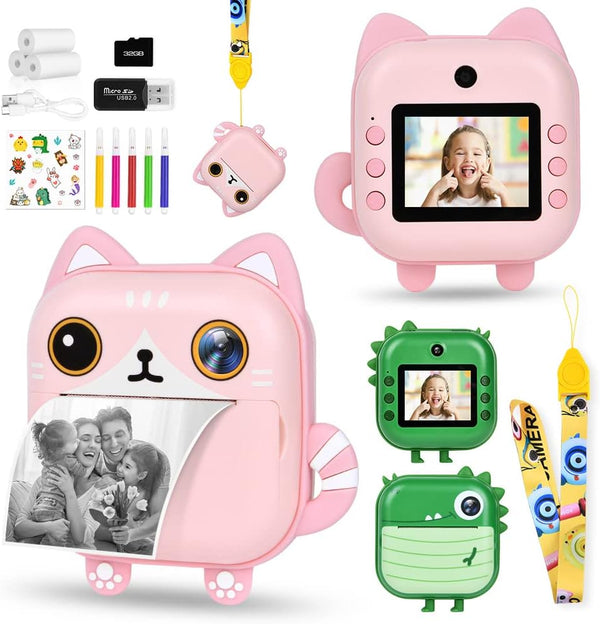 Instant Print Cameras for Kids, 2.4 Inch Kids Digital Camera with Dual Camera, 1080P Kids Camera with Print Papers & 5 Color Pens, 32GB SD Card, Gifts for 3-12 Year Old Boys Girls-Pink