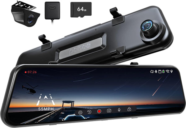 P12 Pro Max 4K+2.5K Mirror Dash Cam With Wi-Fi, Front and Rear Cameras, Night Vision, Voice Control, 64GB Card & GPS for Cars and Trucks